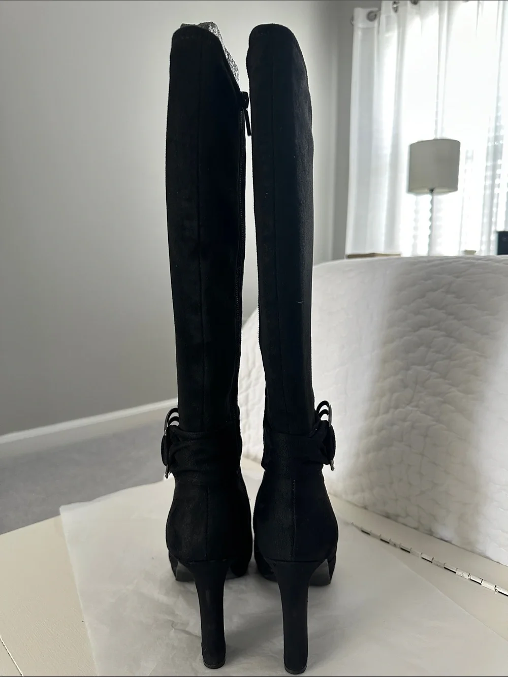 Black Over-the-Knee Suede Boots with Decorative Buckle